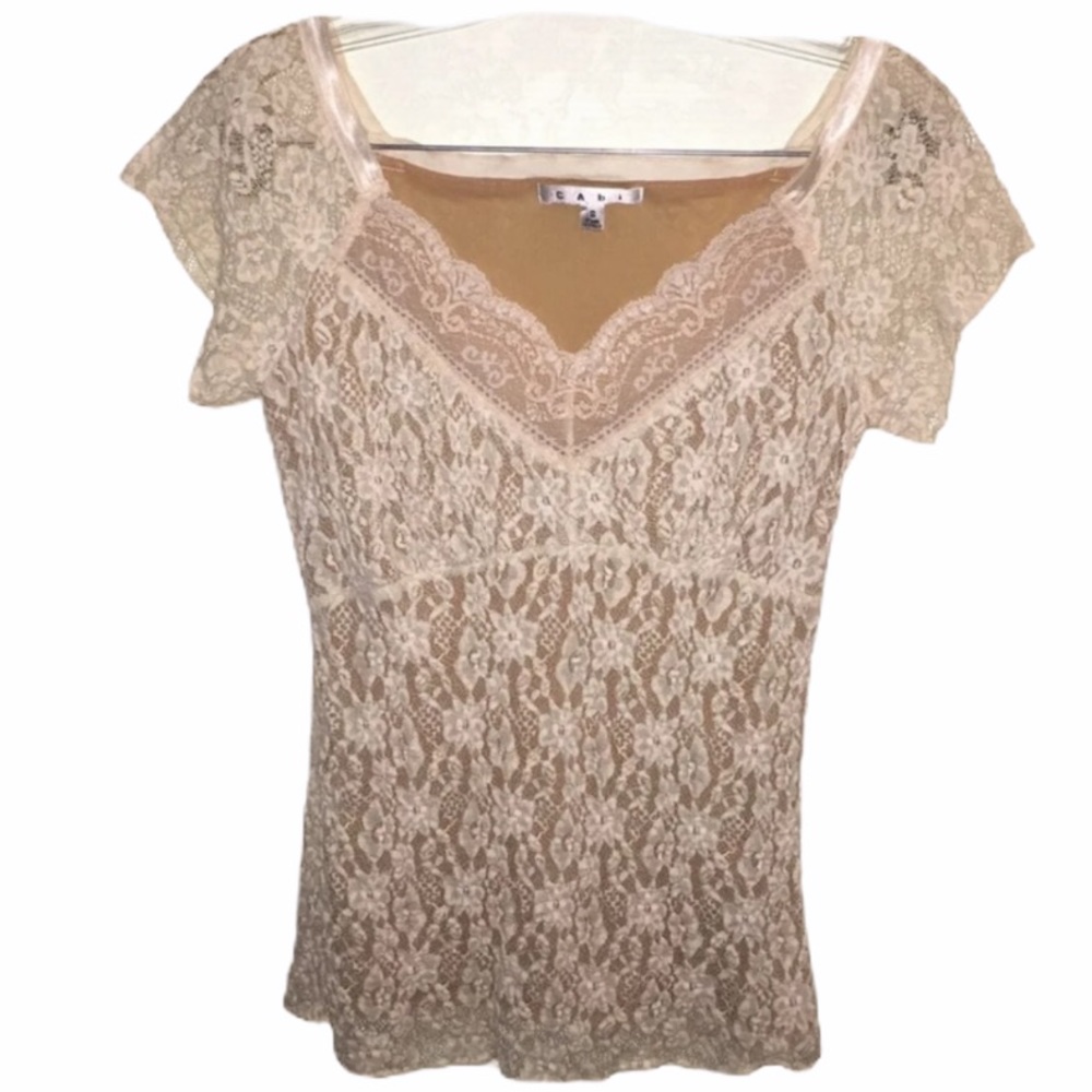CAbi Sz S Cream Lace Square Neckline Top Blouse
